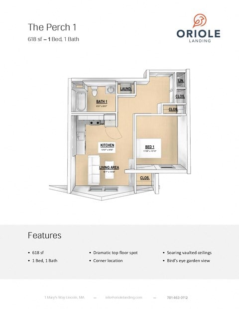 Floor plan for 1 bed, 1 bath, 618 sqft